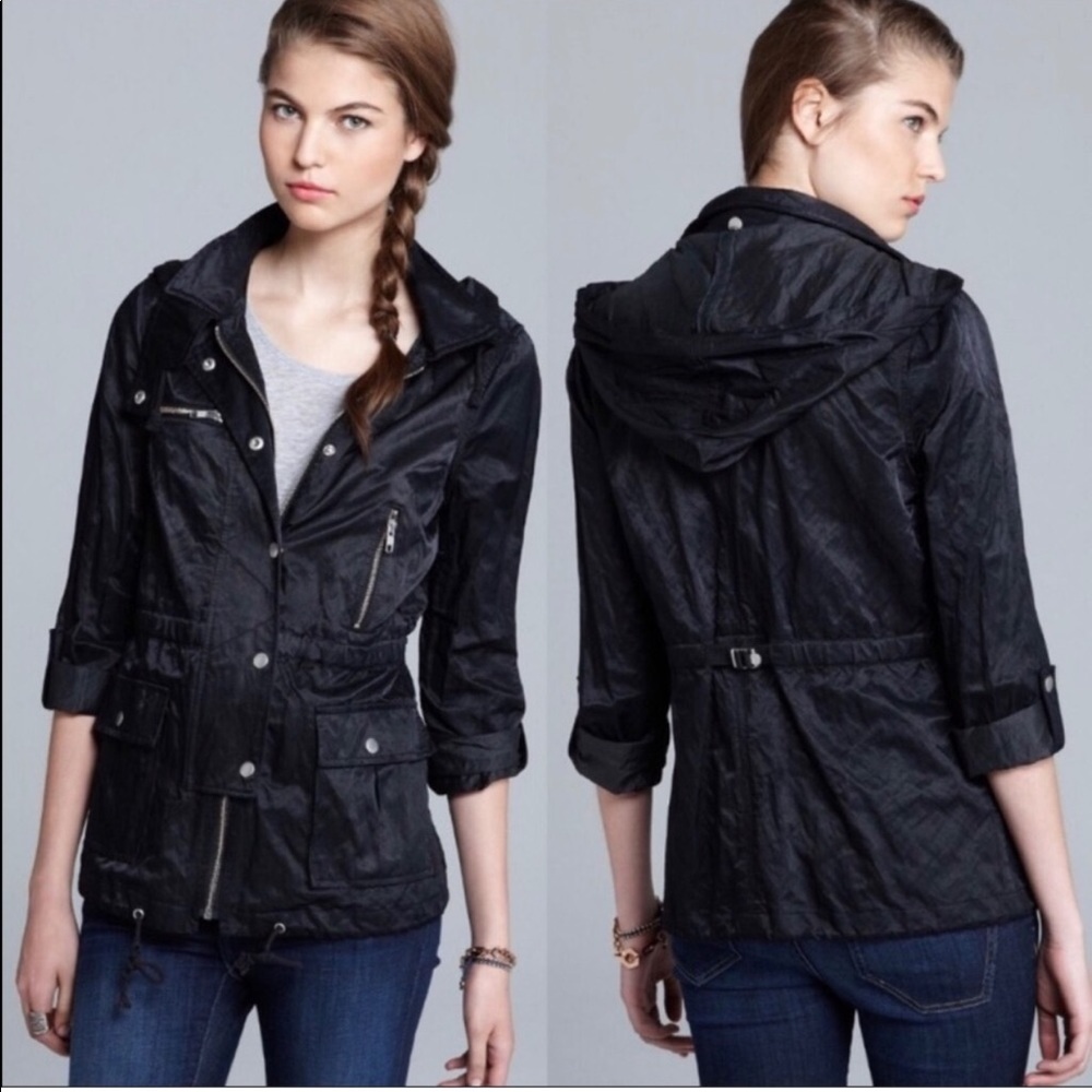 JOIE Silky Nylon Barker Utility Jacket Buttons Snaps Zippers Drawstring Small